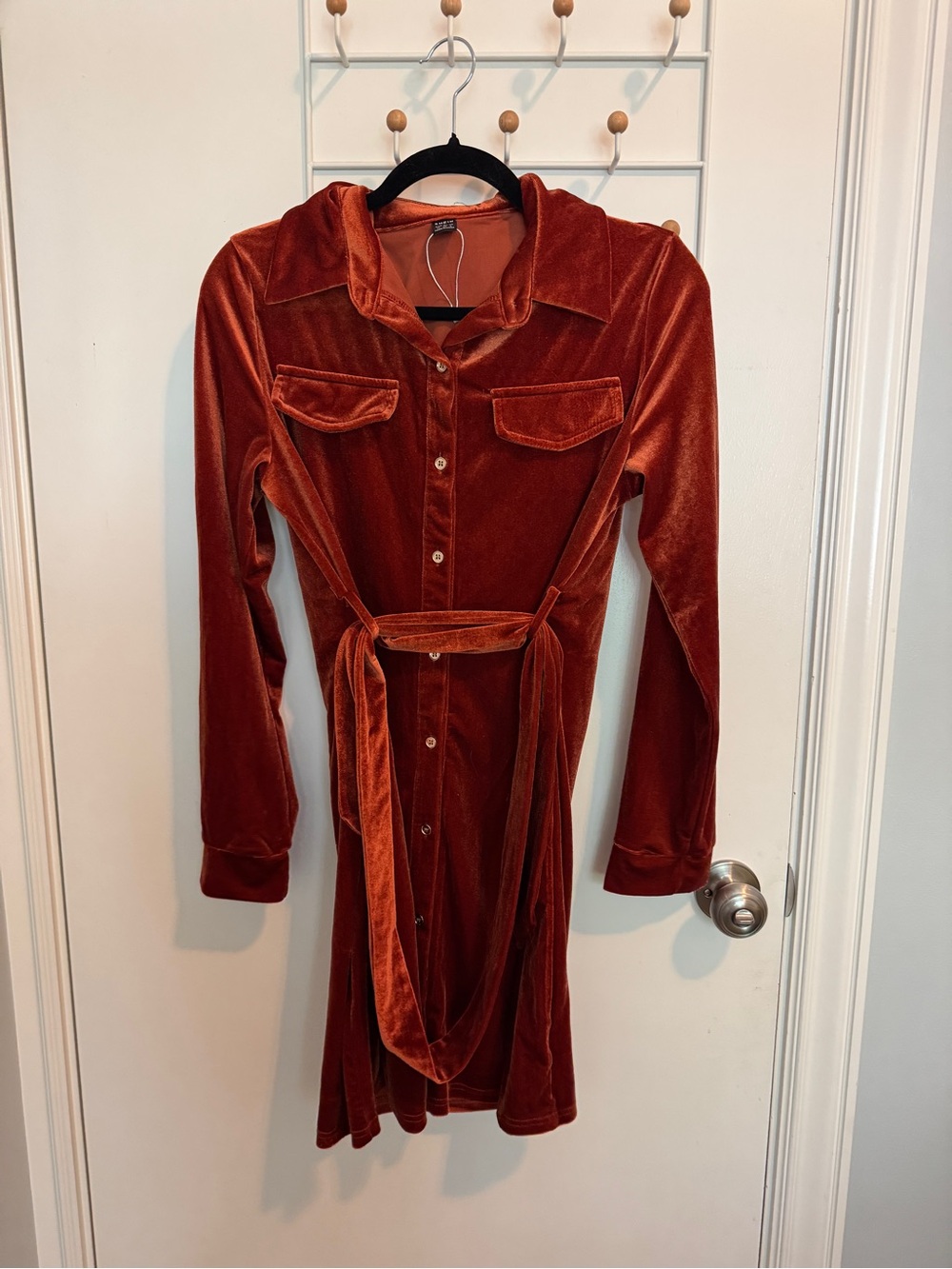 Velvet Button-Front Shirt Dress in Rust